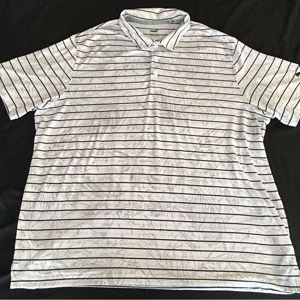 Puma Men's XXL Striped Floral Polo Golf Shirt - White and Black